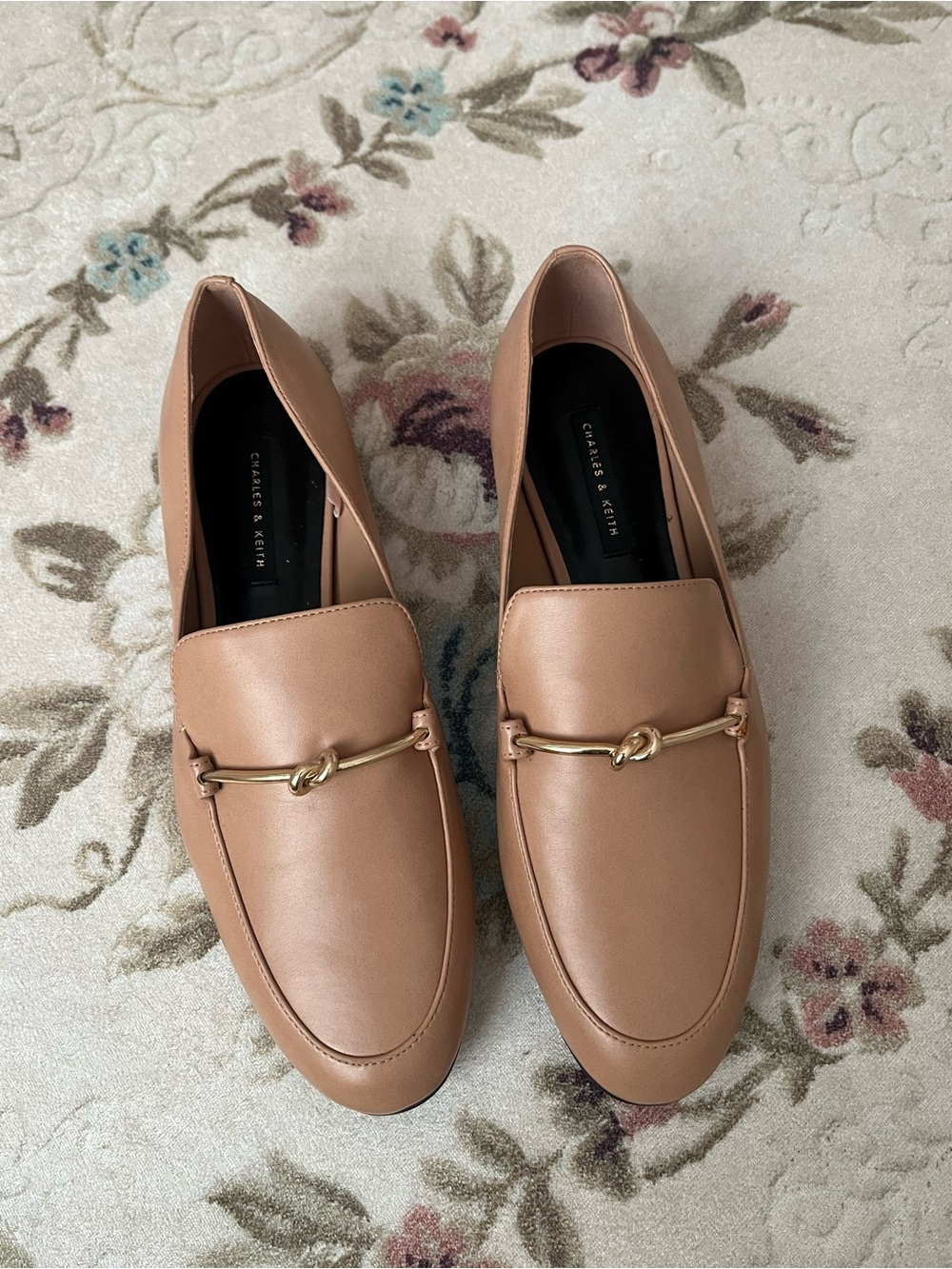 Charles & Keith Tan Leather-Look Loafers with Gold Bit